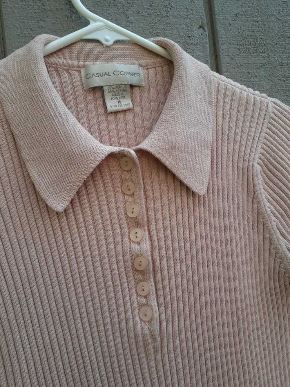 Vtg 90s Casual Corner Ribbed Button Top Pale Pink Stretchy Sexy Sweater Polo S/M - Picture 5 of 13